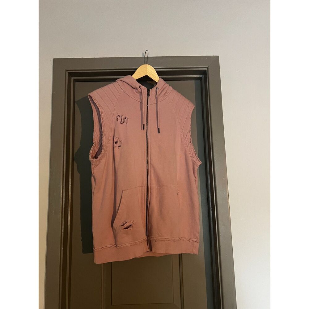 INC International Concepts Pink Distressed Sleeveless Zip Hoodie L